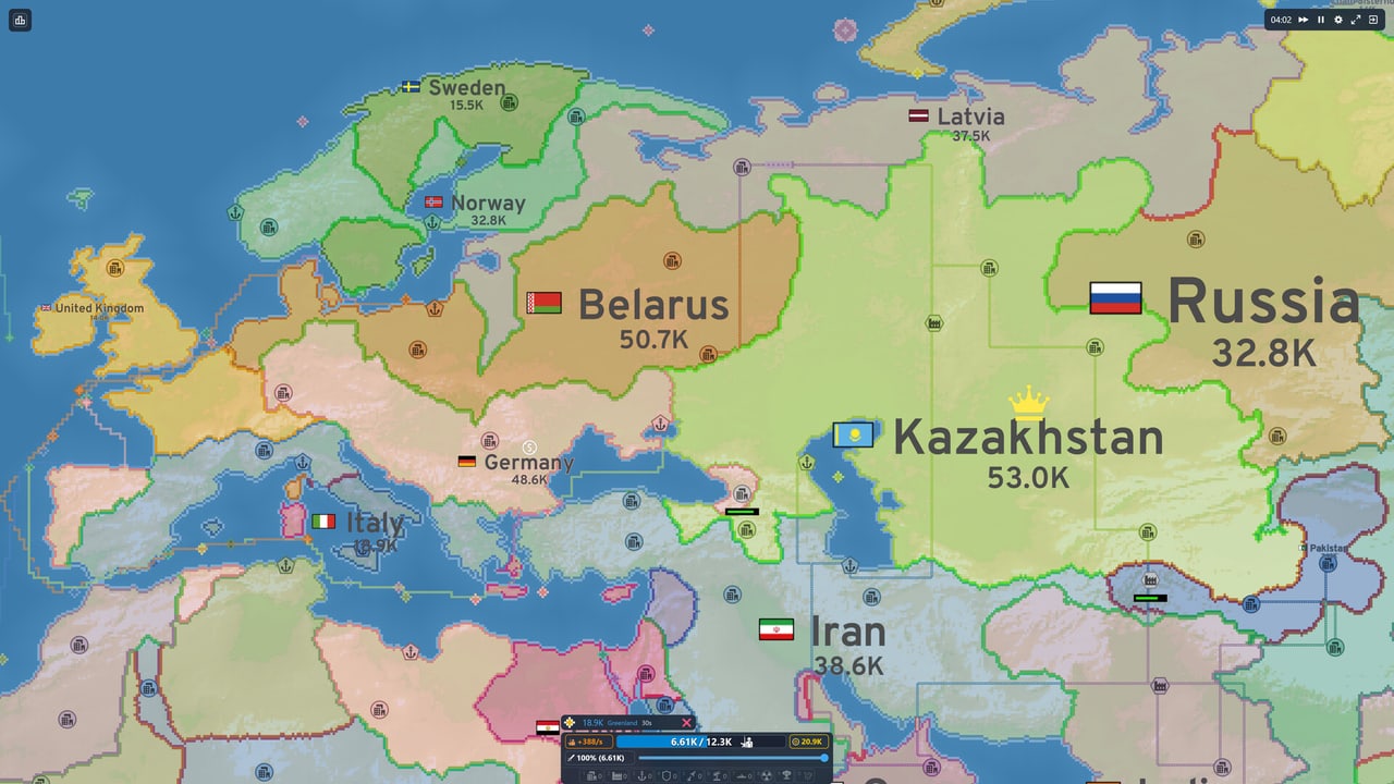 OpenFront Eurasia match close-up of Kazakhstan, Russia, Belarus and the troop HUD